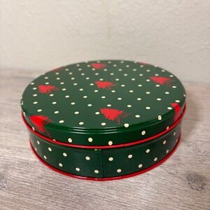 Vintage Potpourri Press Christmas Tin Green Red Polka Dot Tree Round 6 Inch
